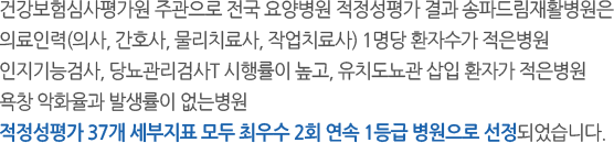 의료서비스 수준 및 의료기관 운영실태를 평가한 결과,인증기준을 우수한 성적으로 충족하여, 의료서비스질과 환자안전의 수준을 신뢰할 수 있는 의료기관입니다.